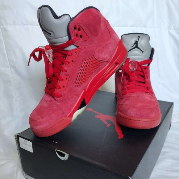 Jordan 5 Retro Red Suede Sneakers - Picture 1 of 16